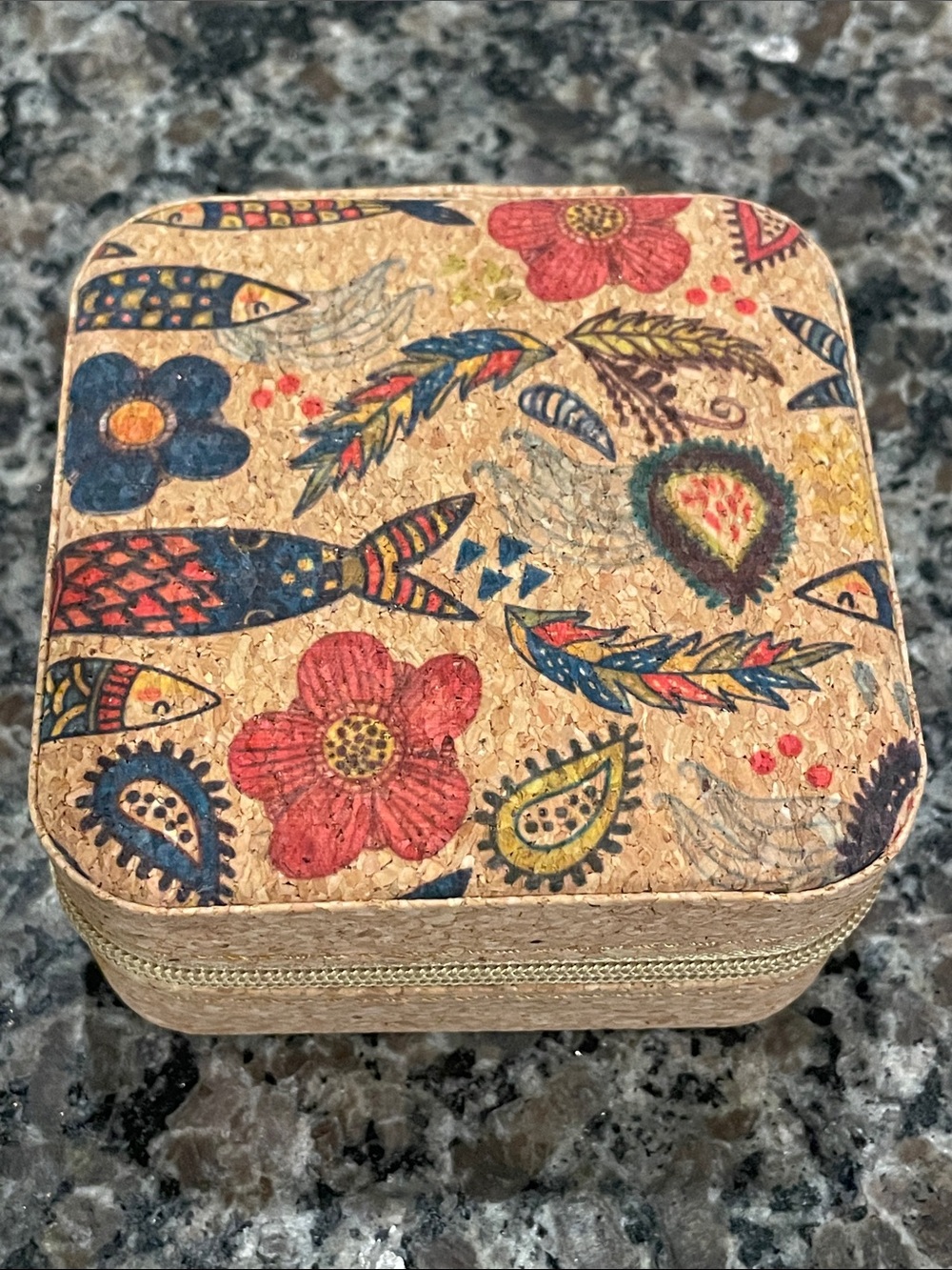 Boho Cork Jewelry Box with Red, Blue, Yellow Floral Design